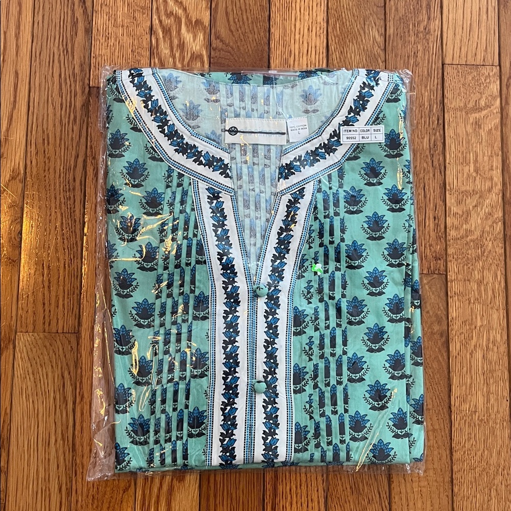 Ella Simone Pajama Set Cotton Paisley Luxury Floral Green Blue Vacation Resort - Picture 6 of 7